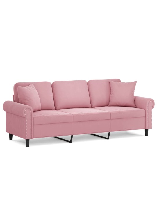 Trivietė sofa su pagalvėlėmis, rožinės spalvos, 180cm, aksomas