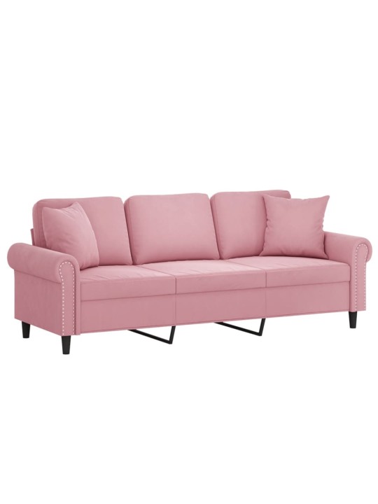 Trivietė sofa su pagalvėlėmis, rožinės spalvos, 180cm, aksomas