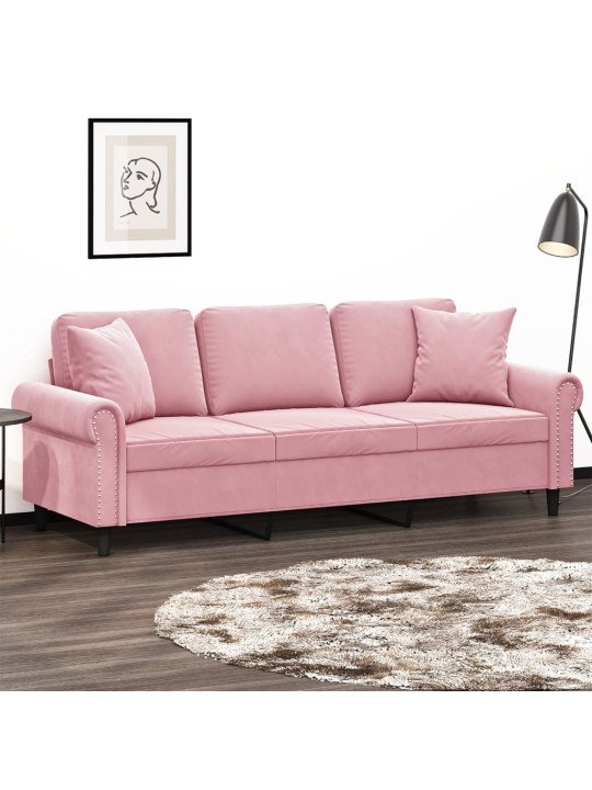 Trivietė sofa su pagalvėlėmis, rožinės spalvos, 180cm, aksomas