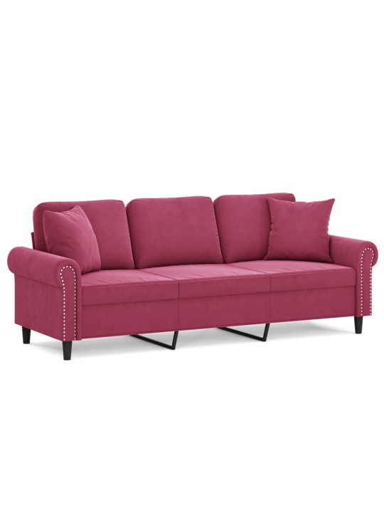 Trivietė sofa su pagalvėlėmis, raudonojo vyno, 180cm, aksomas