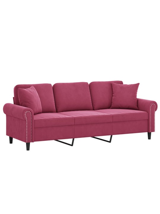 Trivietė sofa su pagalvėlėmis, raudonojo vyno, 180cm, aksomas
