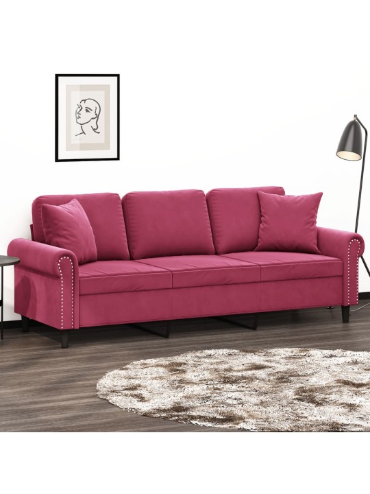 Trivietė sofa su pagalvėlėmis, raudonojo vyno, 180cm, aksomas