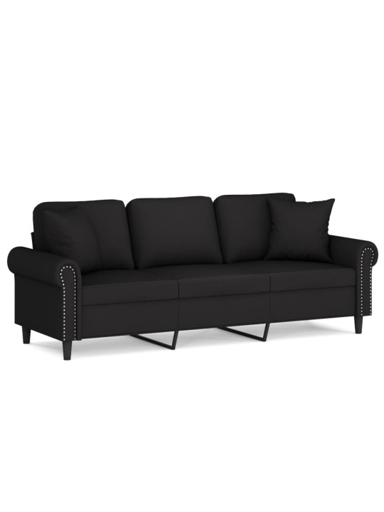 Trivietė sofa su pagalvėlėmis, juodos spalvos, 180cm, aksomas