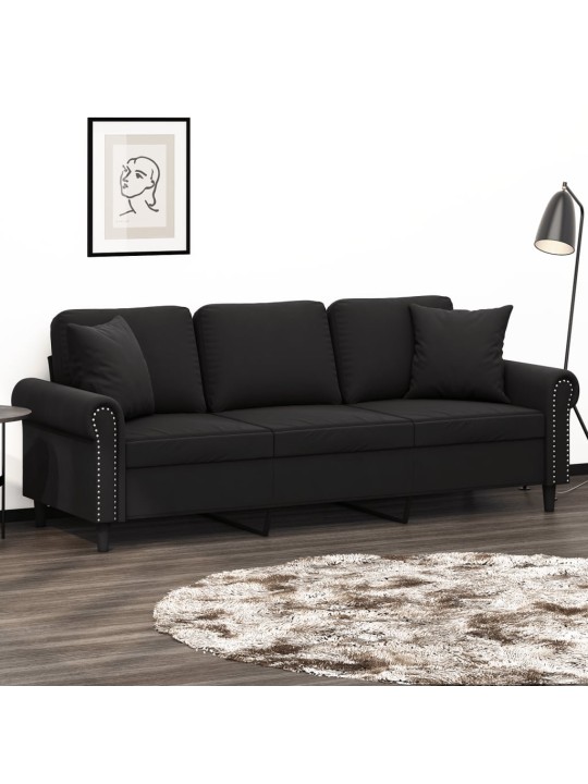 Trivietė sofa su pagalvėlėmis, juodos spalvos, 180cm, aksomas