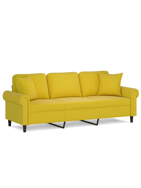 Trivietė sofa su pagalvėlėmis, geltonos spalvos, 180cm, aksomas