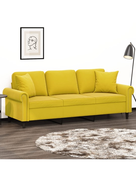 Trivietė sofa su pagalvėlėmis, geltonos spalvos, 180cm, aksomas