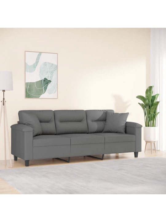 Trivietė sofa su pagalvėmis, pilka, 180cm, mikropluošto audinys