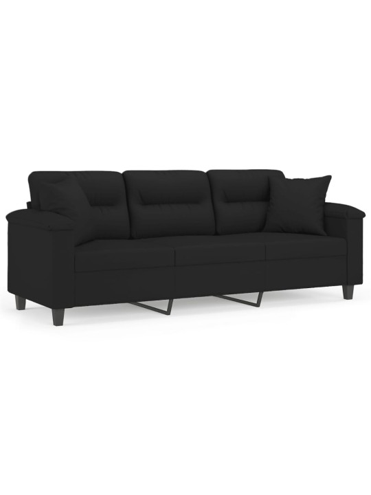 Trivietė sofa su pagalvėmis, juoda, 180cm, mikropluošto audinys
