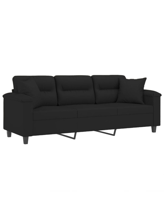 Trivietė sofa su pagalvėmis, juoda, 180cm, mikropluošto audinys