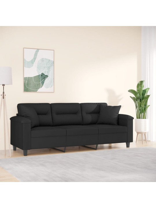 Trivietė sofa su pagalvėmis, juoda, 180cm, mikropluošto audinys