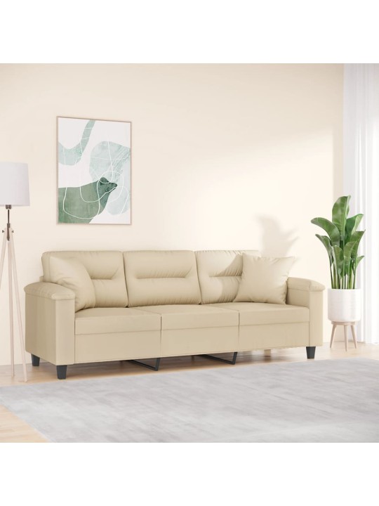 Trivietė sofa su pagalvėmis, kreminė, 180cm, audinys