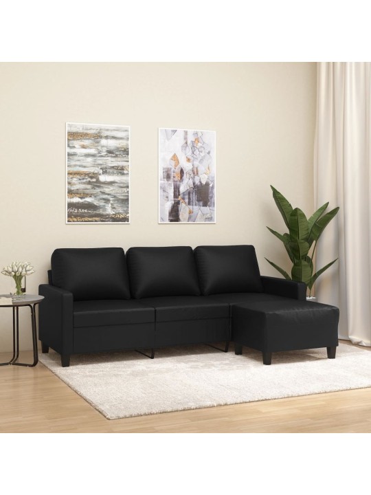 Trivietė sofa su pakoja, juodos spalvos, 180cm, dirbtinė oda