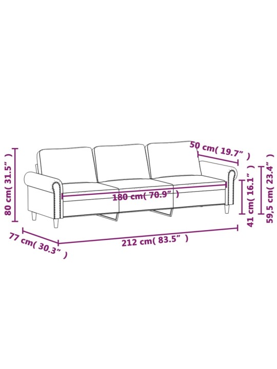 Trivietė sofa, šviesiai pilkos spalvos, 180cm, aksomas