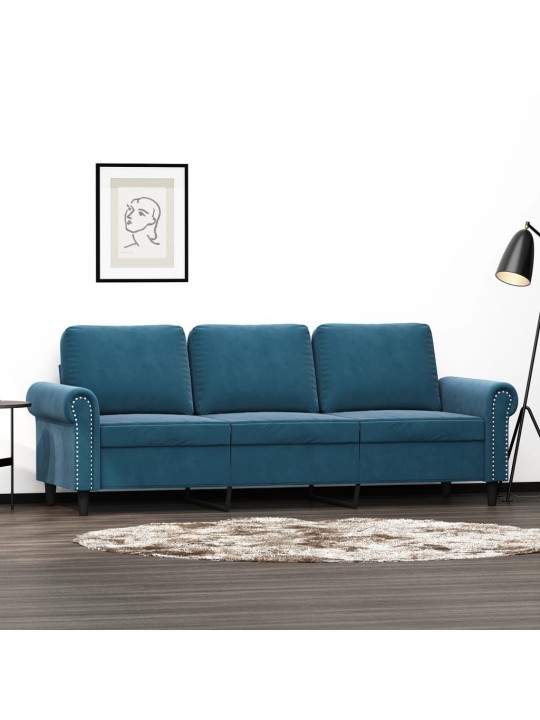 Trivietė sofa, mėlynos spalvos, 180cm, aksomas