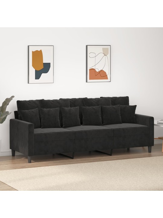 Trivietė sofa, juodos spalvos, 180cm, aksomas