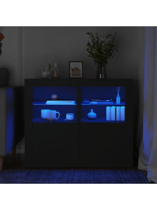 Šoninės spintelės su LED lemputėmis, 2vnt., juodos, mediena