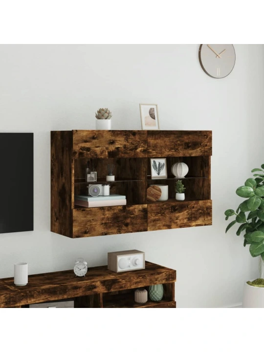 Sieninė TV spintelė su LED lemputėmis, dūminė, 98,5x30x60,5cm