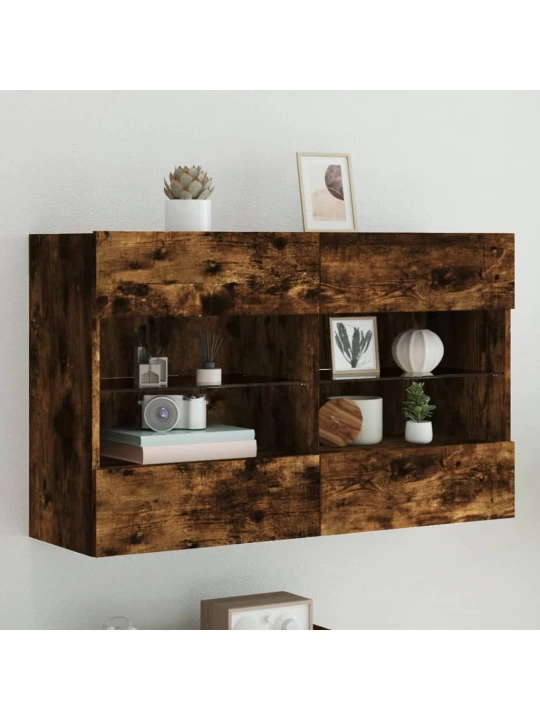 Sieninė TV spintelė su LED lemputėmis, dūminė, 98,5x30x60,5cm