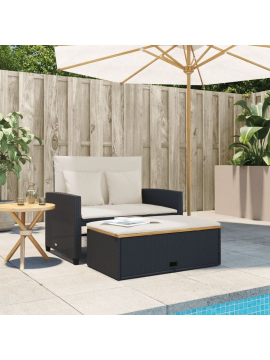 Dvivietė sodo sofa su pagalvėlėmis, juoda, poliratanas/akacija