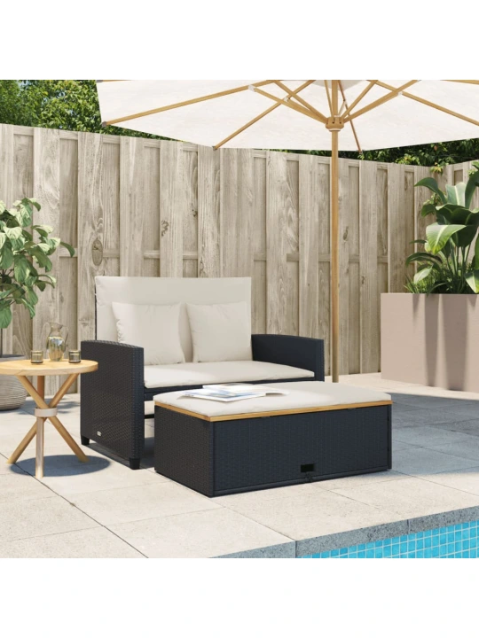 Dvivietė sodo sofa su pagalvėlėmis, juoda, poliratanas/akacija