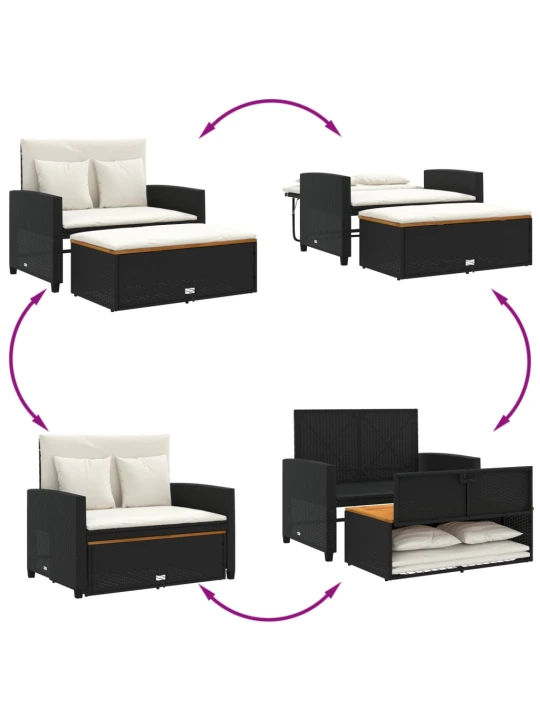 Dvivietė sodo sofa su pagalvėlėmis, juoda, poliratanas/akacija