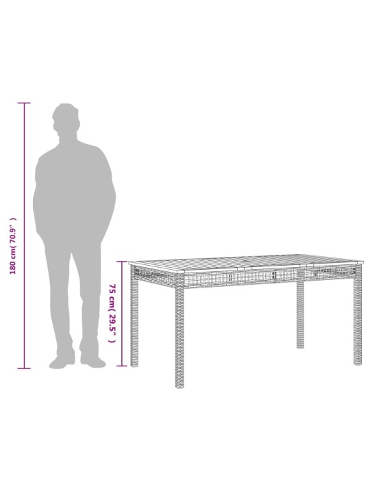 Sodo stalas, juodas, 140x80x75cm, poliratanas/akacijos mediena