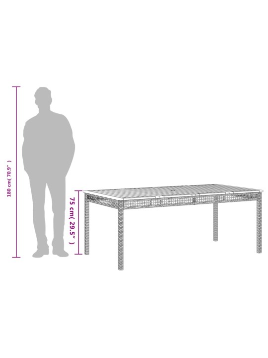 Sodo stalas, juodas, 180x90x75cm, poliratanas/akacijos mediena