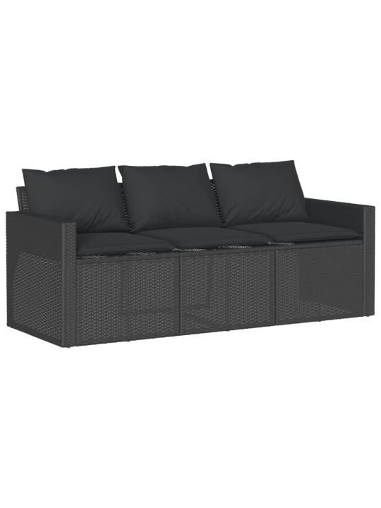 Trivietė sodo sofa su pagalvėlėmis, juodos spalvos, poliratanas