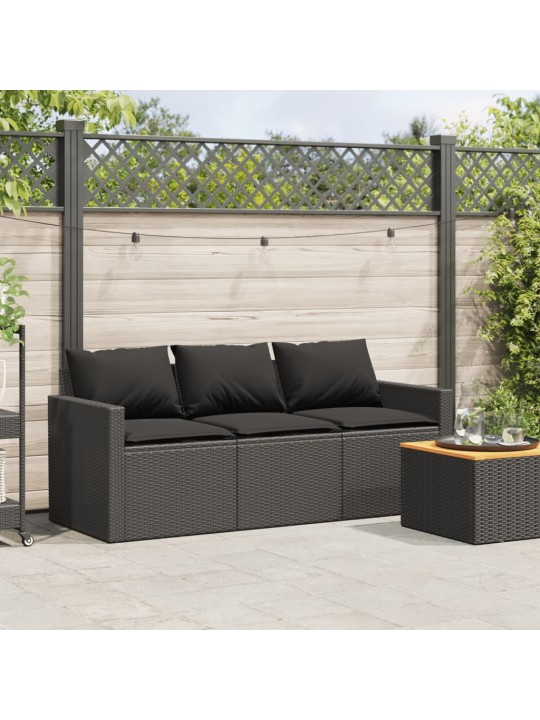 Trivietė sodo sofa su pagalvėlėmis, juodos spalvos, poliratanas
