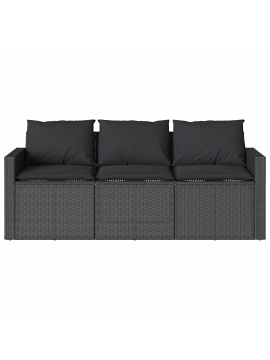 Trivietė sodo sofa su pagalvėlėmis, juodos spalvos, poliratanas
