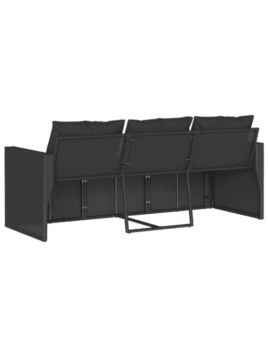 Trivietė sodo sofa su pagalvėlėmis, juodos spalvos, poliratanas