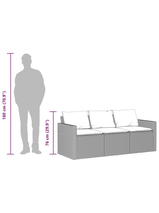 Trivietė sodo sofa su pagalvėlėmis, juodos spalvos, poliratanas
