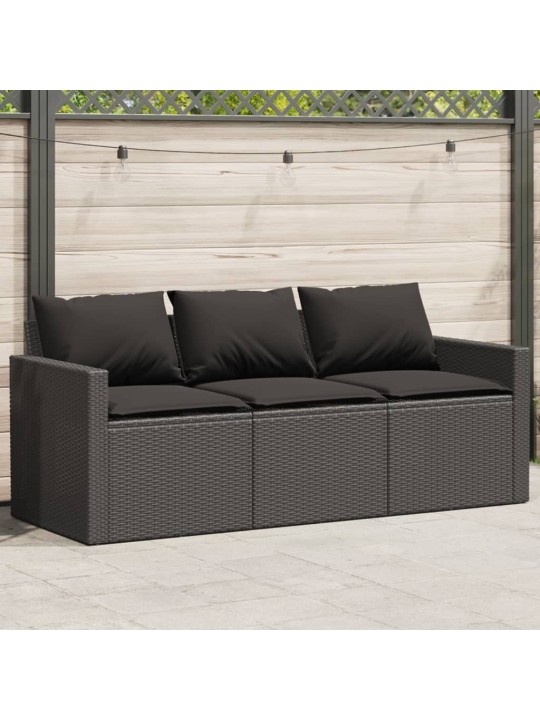 Trivietė sodo sofa su pagalvėlėmis, juodos spalvos, poliratanas
