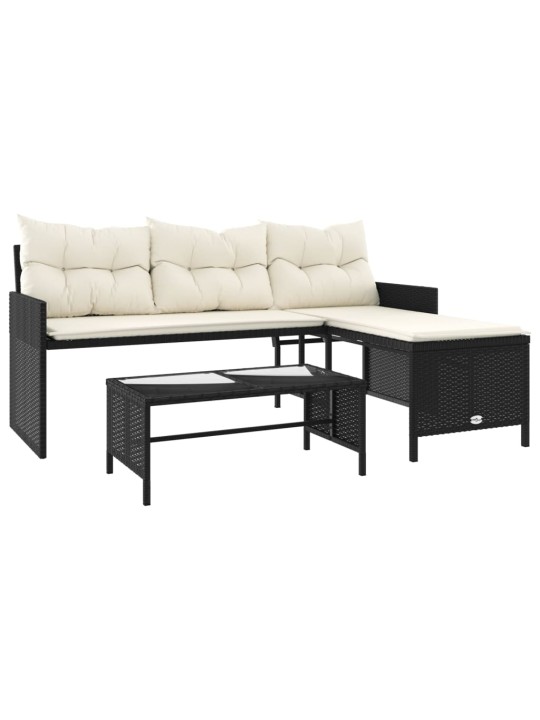 Sodo sofa su stalu/pagalvėlėmis, juoda, poliratanas, L formos