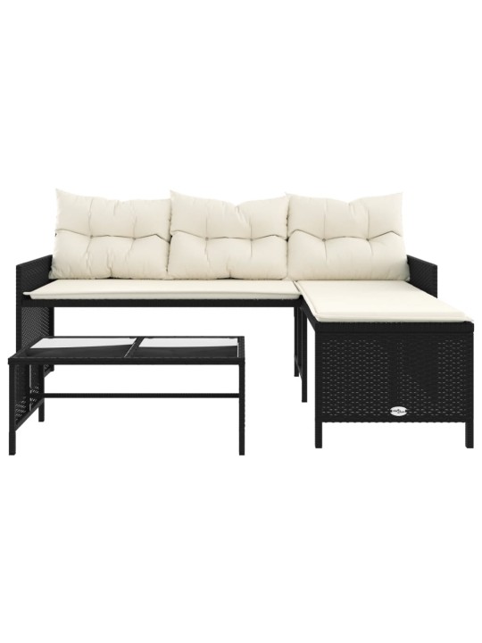 Sodo sofa su stalu/pagalvėlėmis, juoda, poliratanas, L formos