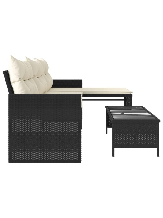 Sodo sofa su stalu/pagalvėlėmis, juoda, poliratanas, L formos