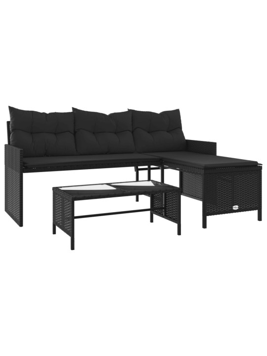 Sodo sofa su stalu/pagalvėlėmis, juoda, poliratanas, L formos