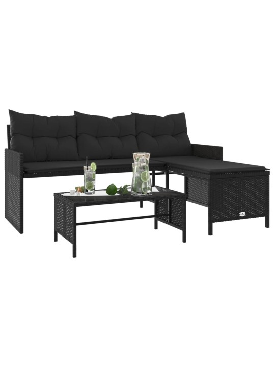 Sodo sofa su stalu/pagalvėlėmis, juoda, poliratanas, L formos