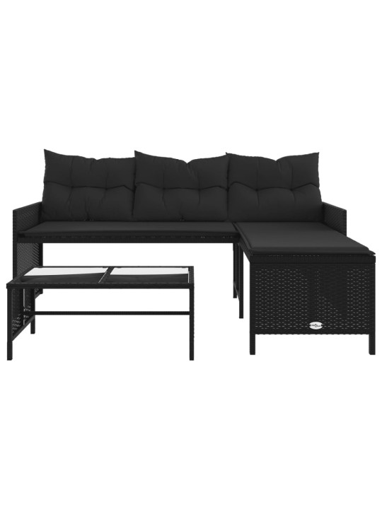 Sodo sofa su stalu/pagalvėlėmis, juoda, poliratanas, L formos