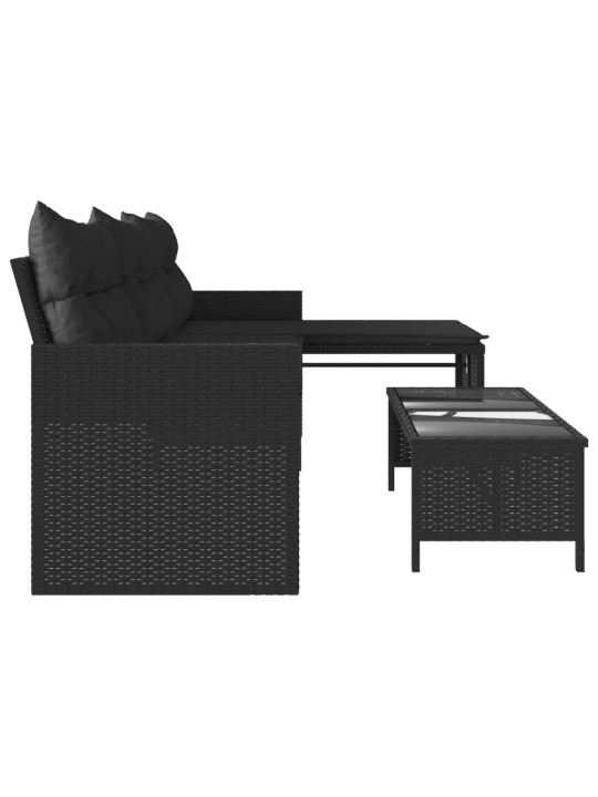 Sodo sofa su stalu/pagalvėlėmis, juoda, poliratanas, L formos