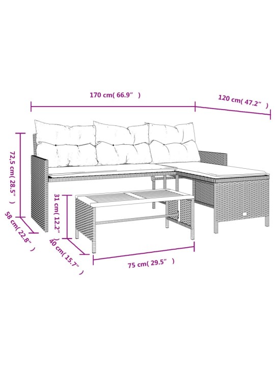 Sodo sofa su stalu/pagalvėlėmis, juoda, poliratanas, L formos