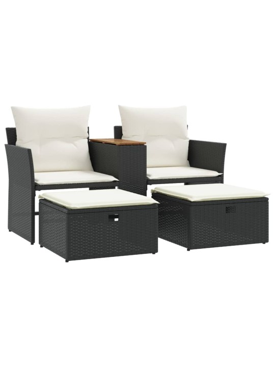 Dvivietė sodo sofa su taburetėmis, juodos spalvos, poliratanas