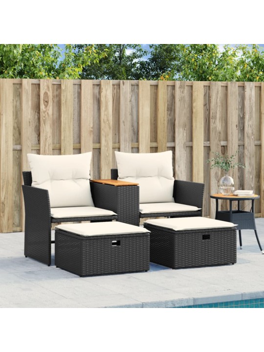Dvivietė sodo sofa su taburetėmis, juodos spalvos, poliratanas