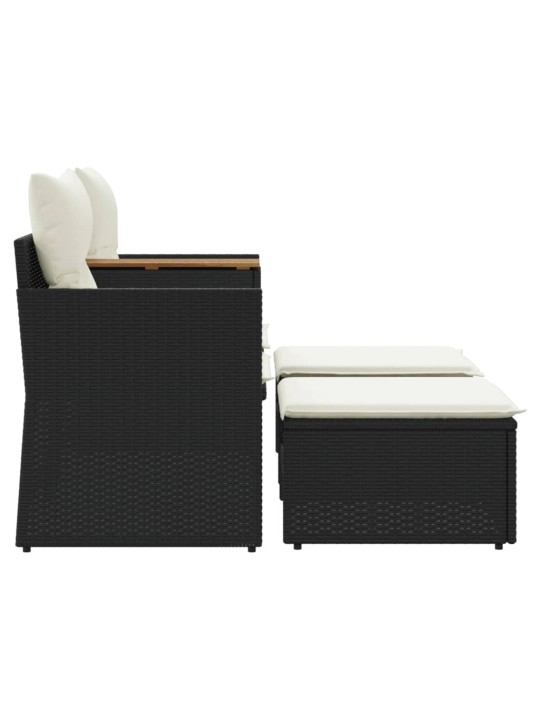 Dvivietė sodo sofa su taburetėmis, juodos spalvos, poliratanas