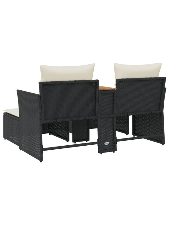 Dvivietė sodo sofa su taburetėmis, juodos spalvos, poliratanas