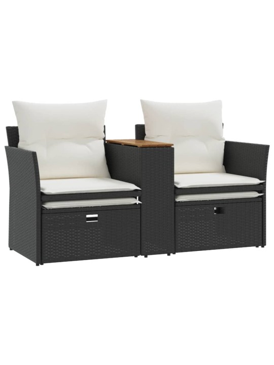 Dvivietė sodo sofa su taburetėmis, juodos spalvos, poliratanas