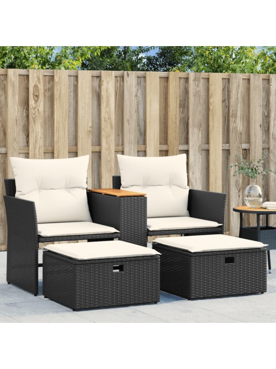 Dvivietė sodo sofa su taburetėmis, juodos spalvos, poliratanas
