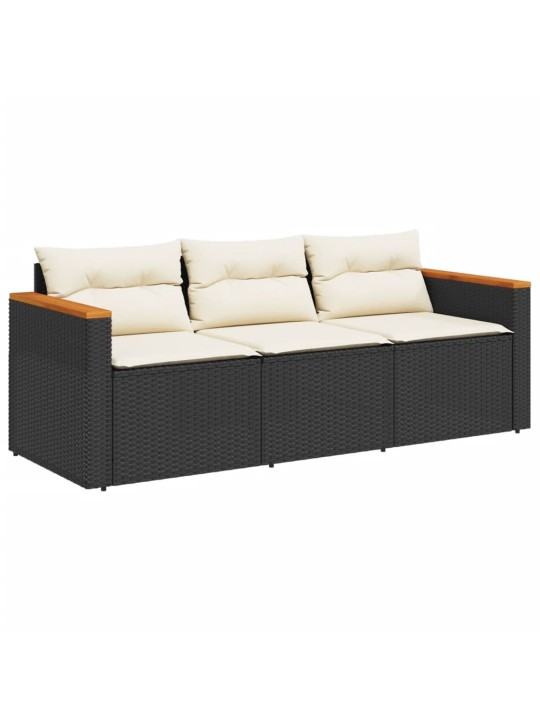 Trivietė sodo sofa su pagalvėlėmis, juodos spalvos, poliratanas