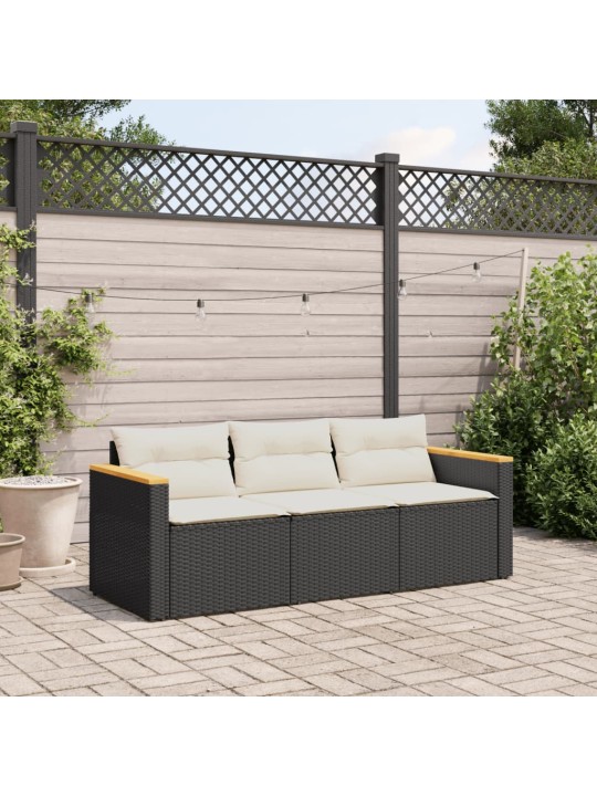 Trivietė sodo sofa su pagalvėlėmis, juodos spalvos, poliratanas
