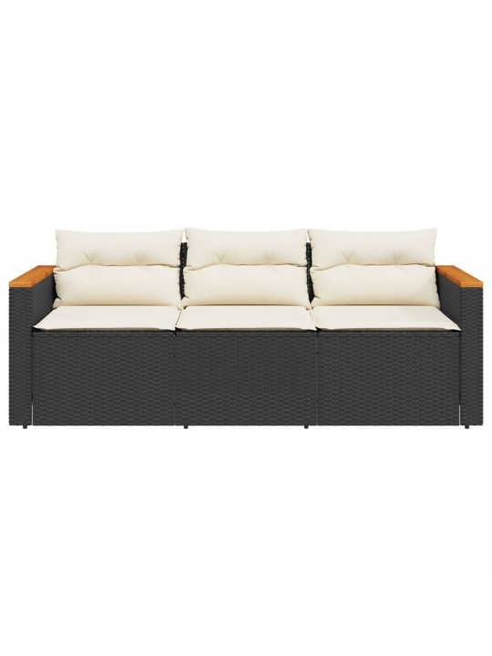 Trivietė sodo sofa su pagalvėlėmis, juodos spalvos, poliratanas
